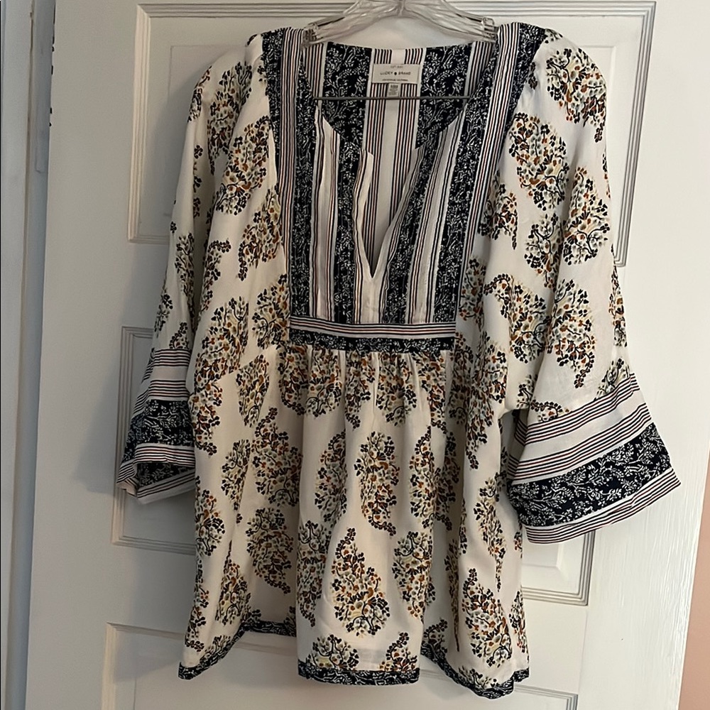 Lucky Brand Bohemian Style Blouse - Cream and Navy
